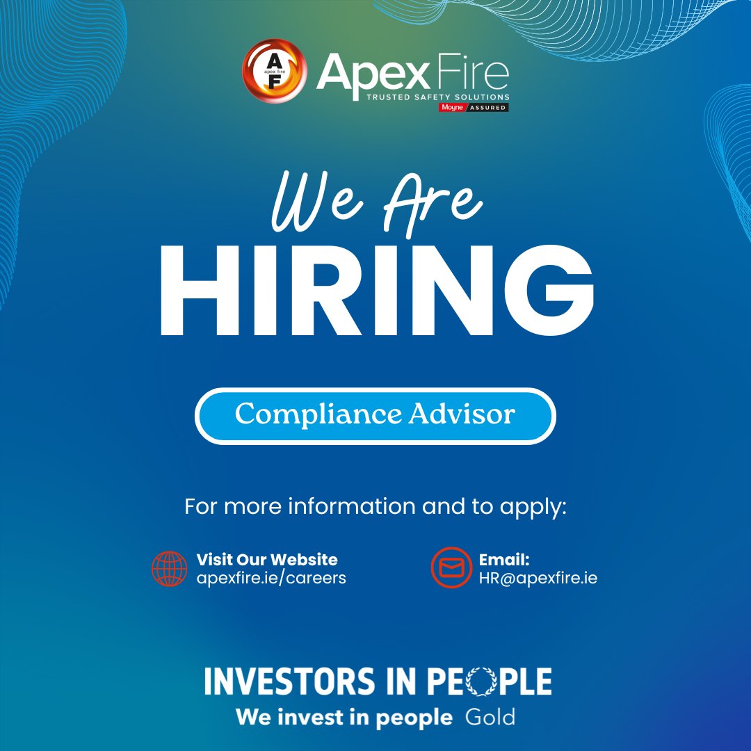 Apex Fire Ltd (@apexfireltd) on Twitter photo Join one of Irelandās leading fire safety, protection and security companies as a Compliance Advisor.
š Visit: apexfire.ie/careers
š§ Email: HR@apexfire.ie
#apexfire #werehiring #recruitment #teammember #moyneassured #jobopportunity #fireprotection #firesafety Join one of Irelandās leading fire safety, protection and security companies as a Compliance Advisor.
š Visit: apexfire.ie/careers
š§ Email: HR@apexfire.ie
#apexfire #werehiring #recruitment #teammember #moyneassured #jobopportunity #fireprotection #firesafety