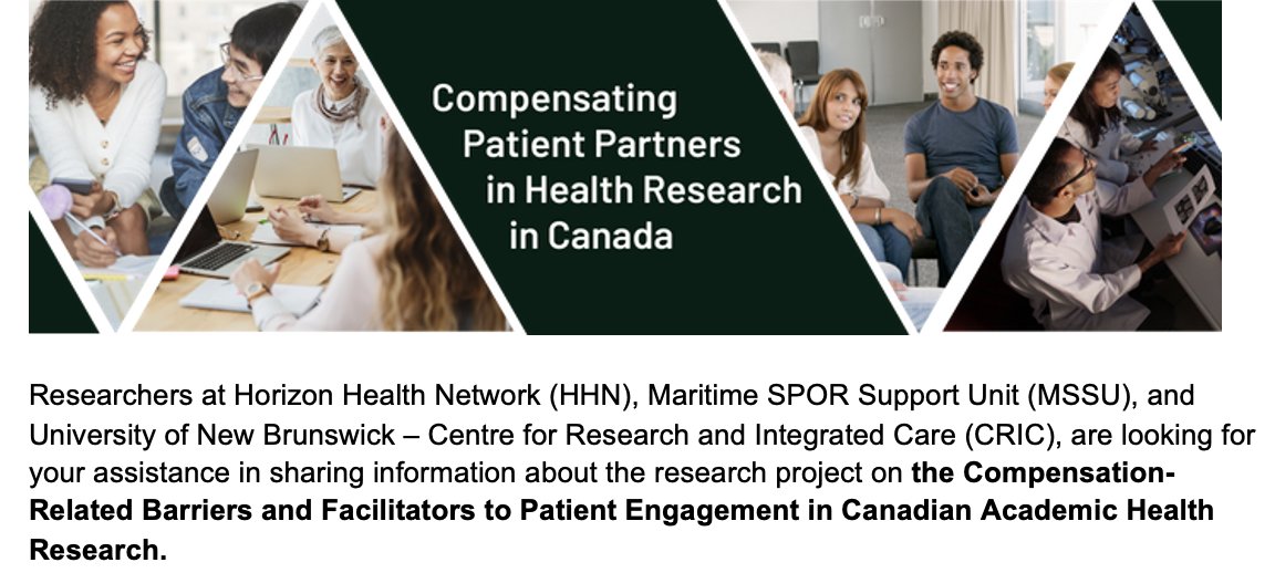Are you a health researcher, staff from a Canadian Health Research Funding Organization, or an admin/finance staff member at a university? A New Brunswick research team wants to hear about your experiences compensating patient partners! For more info: bit.ly/patient-partne…