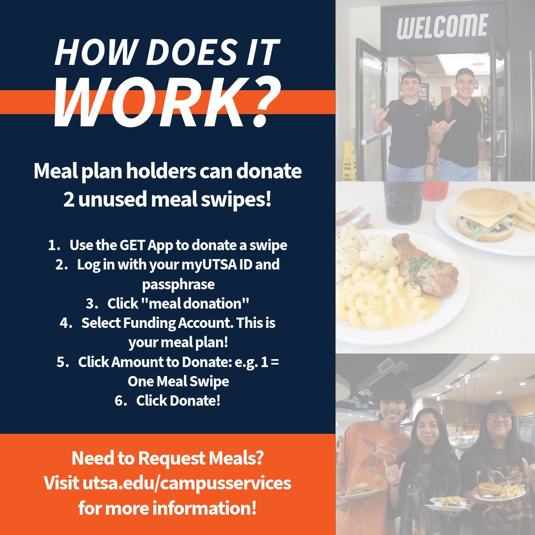 UTSACampusSrvcs's tweet photo. Donate a meal and help a fellow Roadrunner in need! The Swipe Out Hunger campaign ends in 10 days, you still have time to lend a hand! Got any questions? Contact Campus Services! 🍴 https://t.co/dnn2wR2jGd