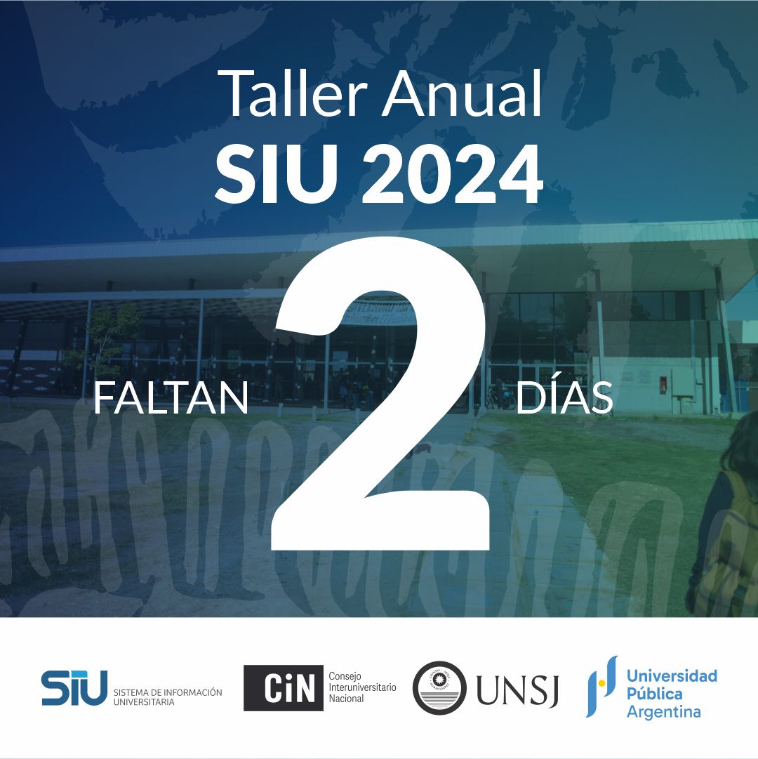 En 2 días nos reencontramos en el #TallerAnualSIU2024 para compartir experiencias y conocimientos con el objetivo de fortalecer el sistema universitario nacional.  

🗓 24 y 25 de octubre 
📍UNSJ

🔗Toda la información sobre el evento acá: portal.comunidad.siu.edu.ar/unsj2024