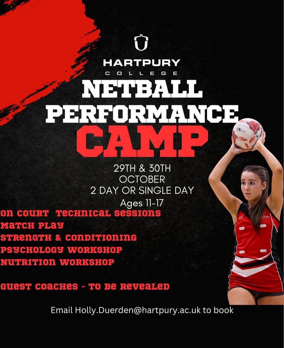 Hartpury Netball (@officialhcna) on Twitter photo Not long to go until our first performance camp. We still have places available too. For bookings please email Holly.Duerden@hartpury.ac.uk Not long to go until our first performance camp. We still have places available too. For bookings please email Holly.Duerden@hartpury.ac.uk