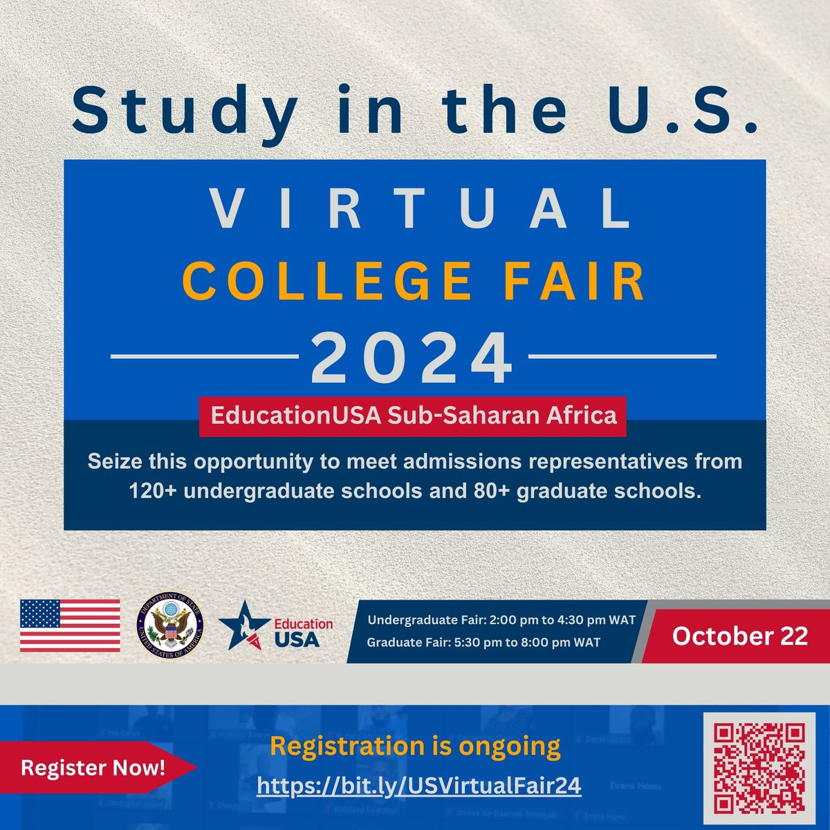 🚨 The Virtual U.S. College Fair is almost here! 🚨

Join us tomorrow, October 22, and connect with representatives from over 120 U.S. colleges and universities. 🎓 This is your chance to explore programs, ask questions, and get insider tips on admissions—all from the comfort of