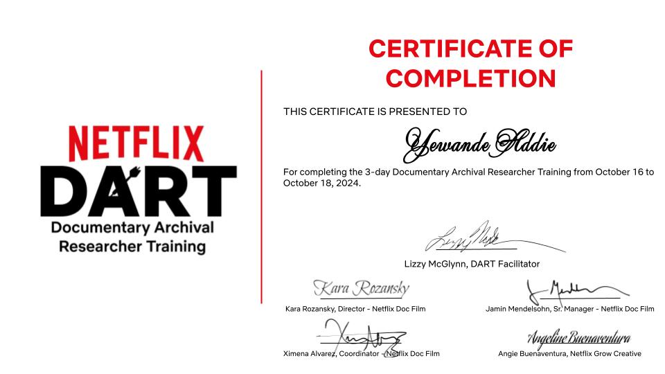 yewande_o's tweet image. YAY! Completed @Netflix's 2024 Documentary Archival Research Training (DART)! 🎥📚 Feeling empowered with fresh archival research skills and ready to tell more impactful stories. Inspired to make some magic happen! ✨ #NetflixDART #StorytellingUnlocked #DocLife #NarrativeResearch