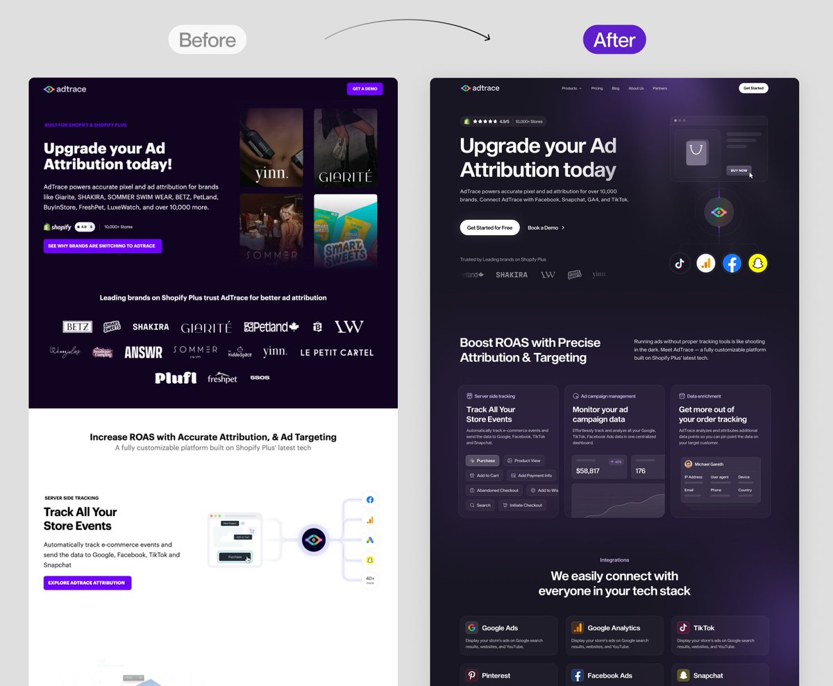 Suupercharged's tweet image. Latest client work:

Before → After

• Better use of imagery
• Clearer visual hierarchy
• Stronger value proposition
• More compelling CTA

adtrace.ai