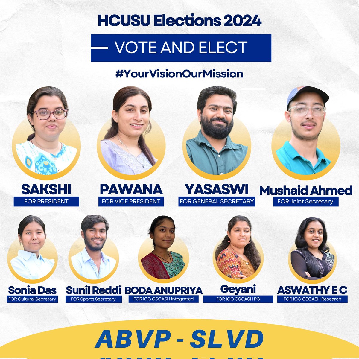 ABVP-SLVD Panel for #HCUSUElection2024 is set to lead Hyderabad Central University Towards betterment.

Here is our dynamic team that represents #YourVisionOurMission.

Vote and Elect the ABVP-SLVD panel to bring the spirit of nationalism and excellence to HCU.

President: Sakshi