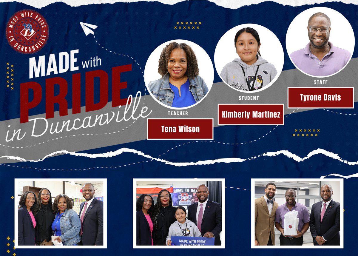 DuncanvilleISD's tweet photo. Congratulations to our October #MadeWithPride honorees!
Teacher » Tena Wilson, @Daniel_Intermed
Student » Kimberly Martinez, @Daniel_Intermed
Staff » Tyrone Davis, Teaching and Learning Center
📰 » https://t.co/86pUNuR1Zs https://t.co/CDnMtA0FKG