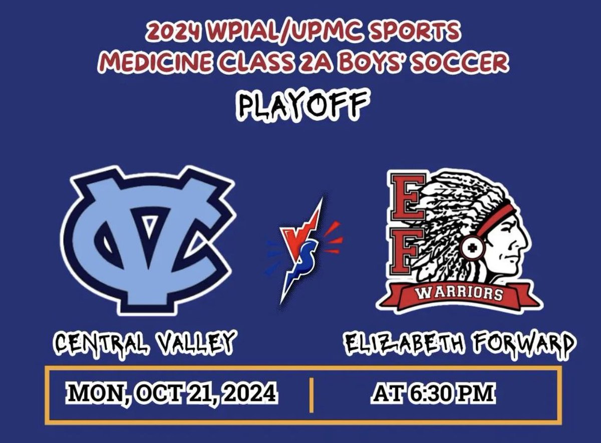 cvsdsoccer's tweet photo. It's playoff game day as your Warriors travel 🚌to Elizabeth Forward High School for the 1st Round of the WPIAL Boys Playoffs. Kickoff is at 6:30 pm. Let’s go! ⚽️
@TribLiveHSSN @pghsoccernow
@PGSportsNow @bctimes @wpialsoccerboys @JohnKrysinsky @warriors_cv https://t.co/sy2fKebLFr
