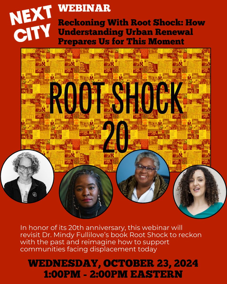 What are you doing Wednesday around lunchtime? 

Join <a href="/NextCityOrg/">Next City</a> , Mindy Thompson Fullilove, TSAL CEO <a href="/evburnett/">Evelyn Burnett</a>, Molly Rose Kaufman and Terri Baltimore to discuss the 20th Anniversary of Root Shock. 

Register here: nextcity.org/events/detail/…