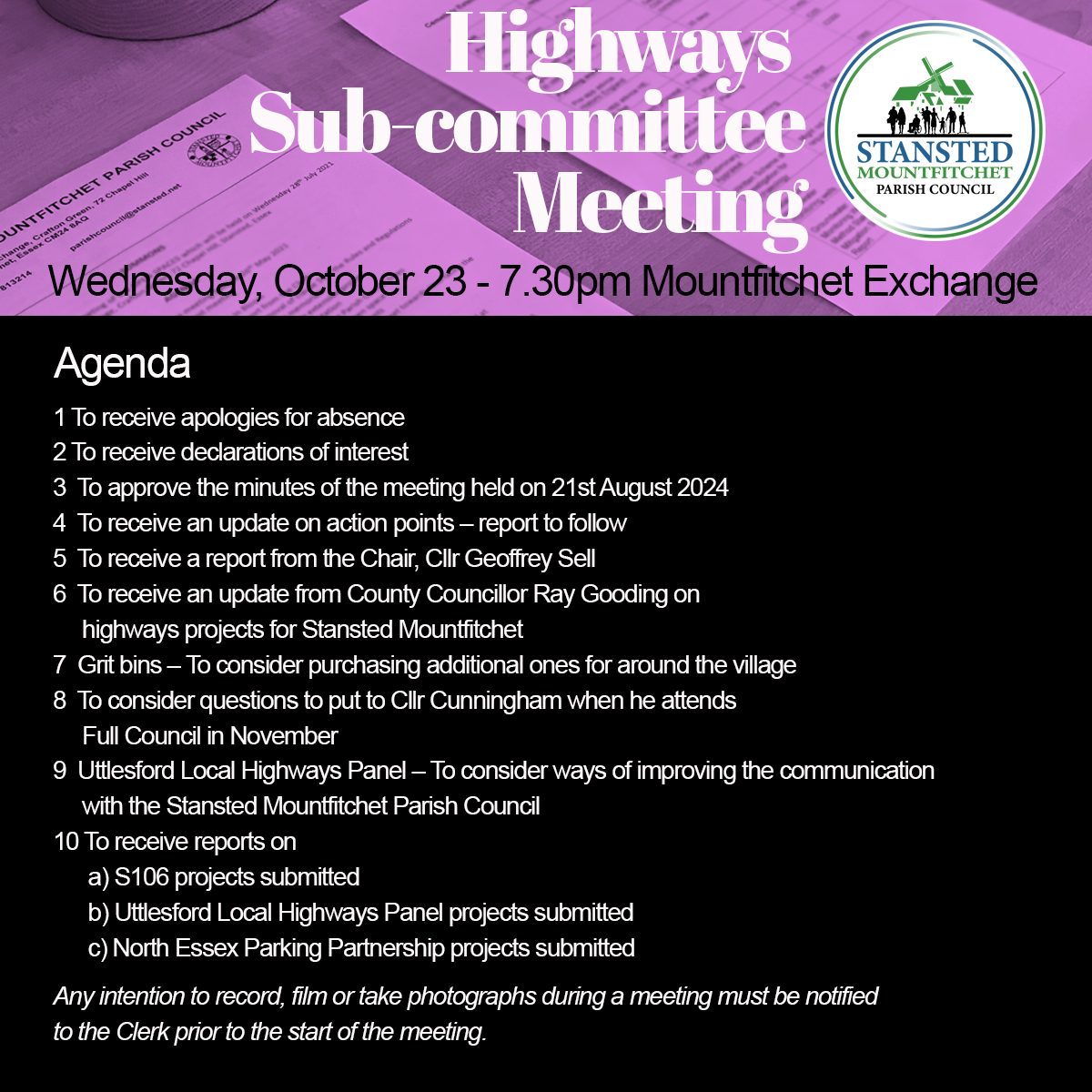 StanstedMPC's tweet photo. Lots to discuss at Wednesday's Highways meeting. Join us at the Mountfitchet Exchange or follow along on Zoom. Details on our website: https://t.co/prz0tbvs2j https://t.co/sdcKFkSqYz