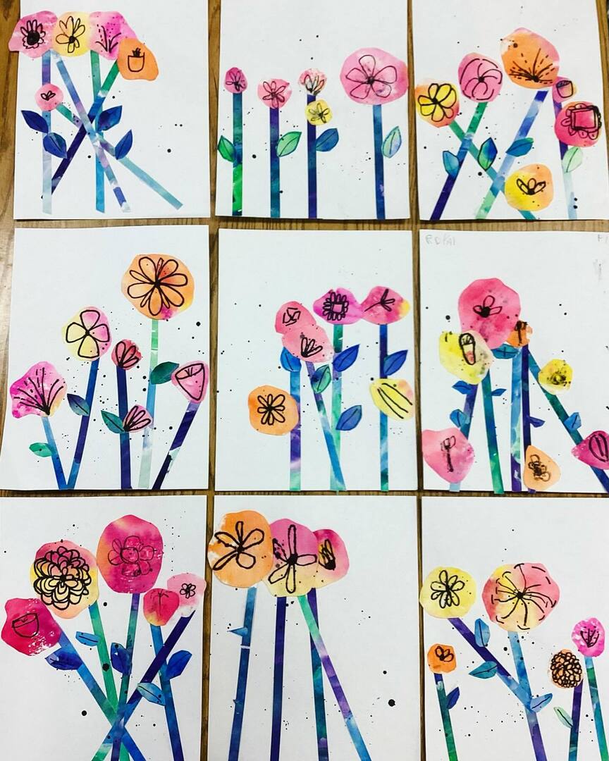First grade Watercolor Flowers inspired by Helen Frankenthaler.