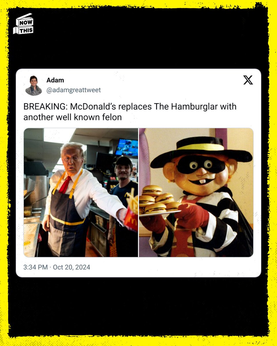 nowthisimpact's tweet photo. Trump tried to troll Harris about her saying she worked at McDonald's when she was younger, so the internet trolled tf out of him 🤡 https://t.co/A0lmchtkME