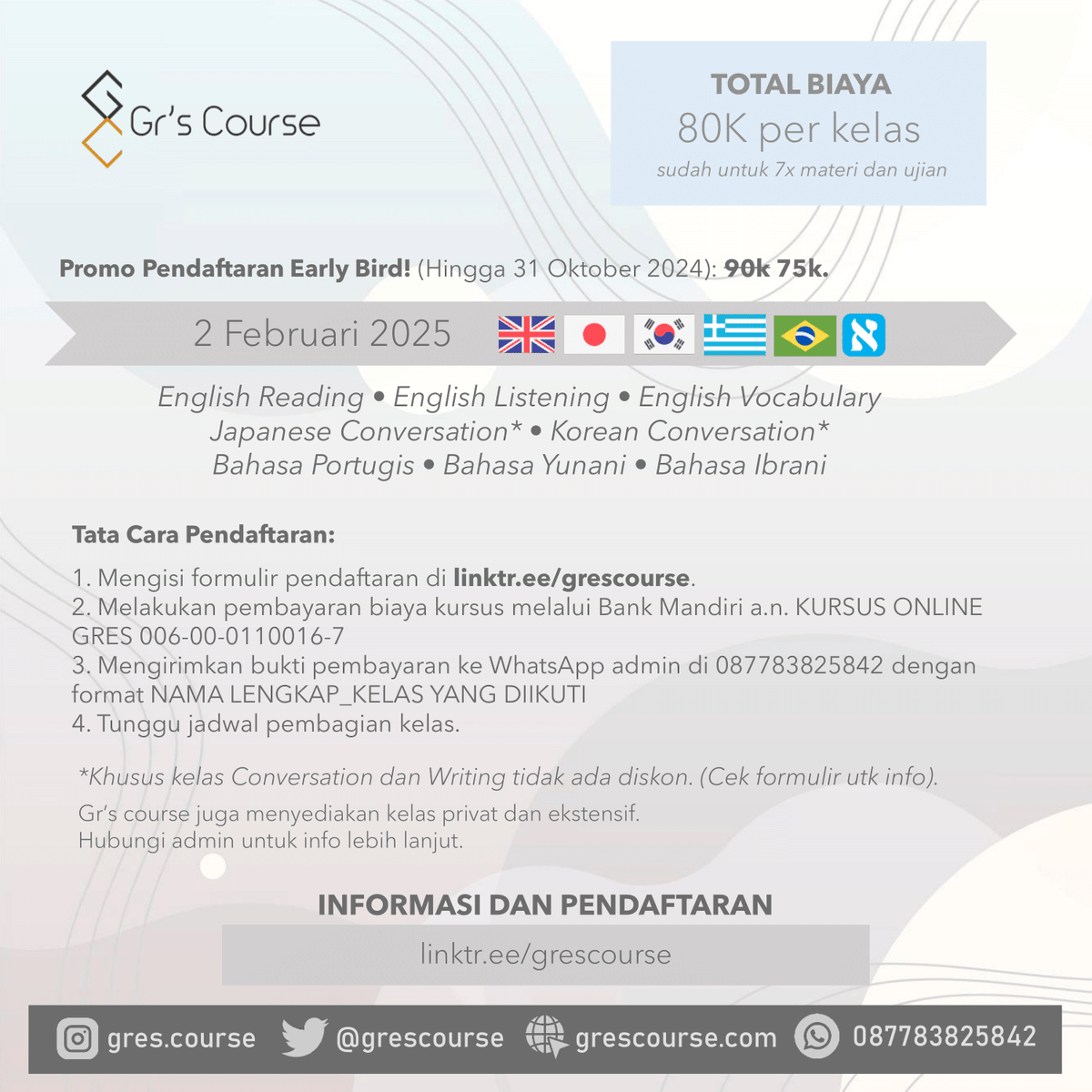 erlanishere's tweet photo. Aku buka kursus 15 bahasa asing online 😄
(Inggris, Mandarin, Jepang, Korea, Thai, Prancis, Arab, Spanyol, Italia, Portugis, Rusia, Turki, Belanda, Jerman, Yunani, Ibrani).
Belajar via GClassroom, Zoom, WA.
Cuma 80k / 2 bulan di level dasar.
Daftar: https://t.co/EzRfG3f4cD https://t.co/VFxJVru2GG