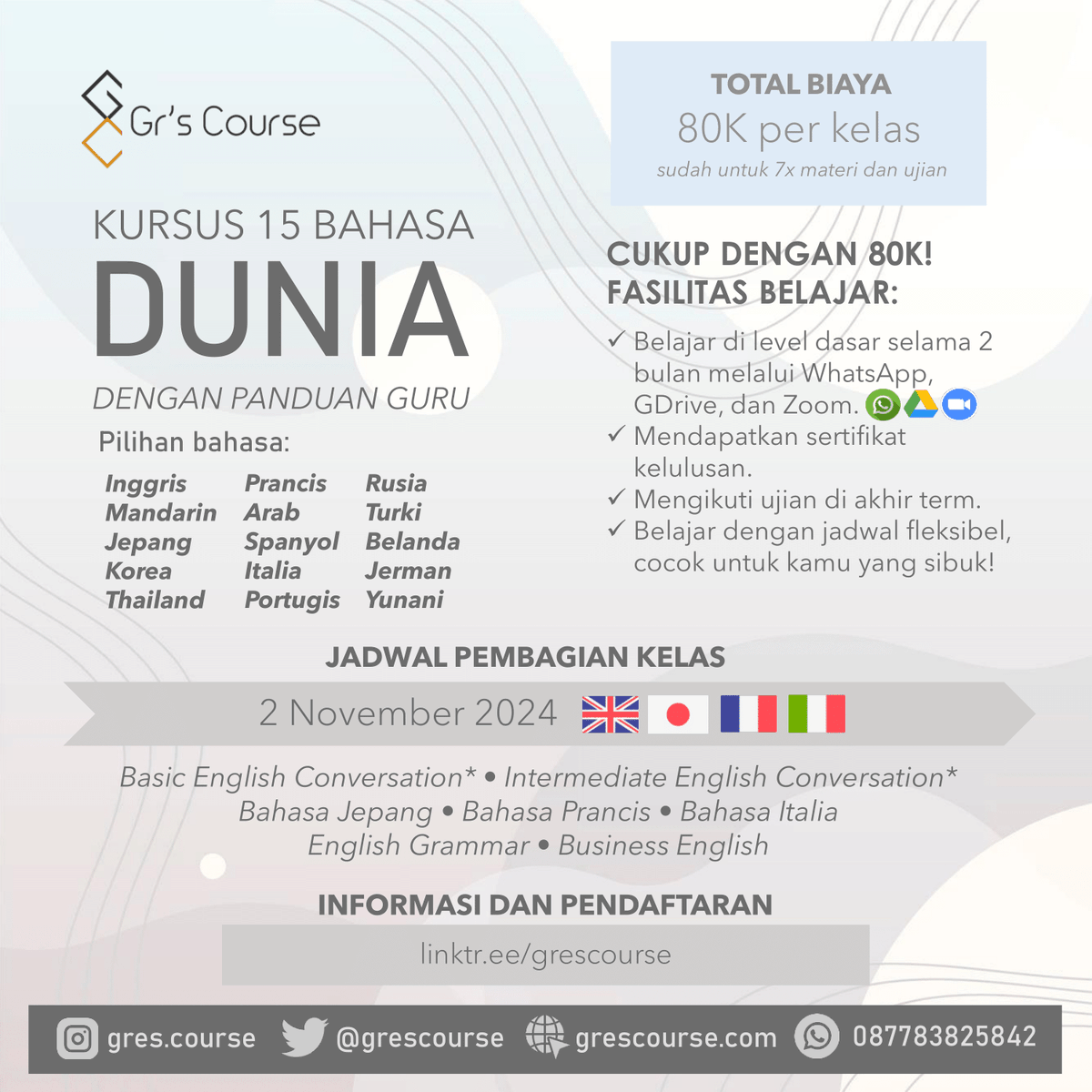 erlanishere's tweet photo. Aku buka kursus 15 bahasa asing online 😄
(Inggris, Mandarin, Jepang, Korea, Thai, Prancis, Arab, Spanyol, Italia, Portugis, Rusia, Turki, Belanda, Jerman, Yunani, Ibrani).
Belajar via GClassroom, Zoom, WA.
Cuma 80k / 2 bulan di level dasar.
Daftar: https://t.co/EzRfG3f4cD https://t.co/VFxJVru2GG