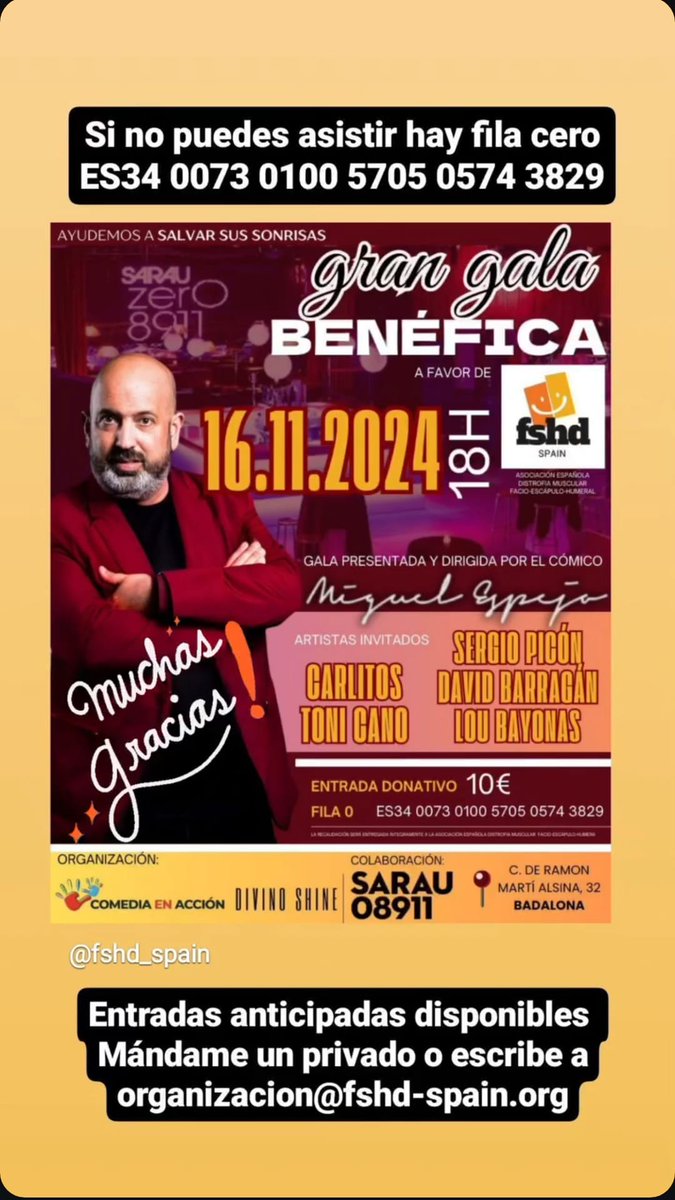Si estás por Badalona, Barcelona o alrededores el Próximo 16 de Noviembre acompáñanos a una velada divertida a la vez que solidaria a favor de FSHD SPAIN en la sala <a href="/Sarau08911/">Sarau08911</a> junto a <a href="/miquellopez77/">Miguel Espejo cómico</a> entre otros cómicos.

<a href="/ASEMCatalunya/">ASEM Catalunya</a> <a href="/AjBadalona/">Ajuntament de Badalona</a> <a href="/AssumpcioBDN/">Jesuitinas Badalona</a> <a href="/DiarideBadalona/">Diari de Badalona</a>