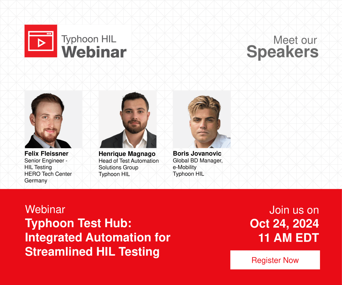 TyphoonHIL's tweet photo. Register today for our upcoming webinar to discover how Typhoon Test Hub is transforming automated testing for power electronics and control systems.

📅 Thr, Oct 24, 2024
⏰ 11:00 AM EDT
🔗 Register: https://t.co/wLcDdBdHKz

#HILTesting #TestAutomation #TestHub #PowerElectronics https://t.co/Hvvb0301DZ