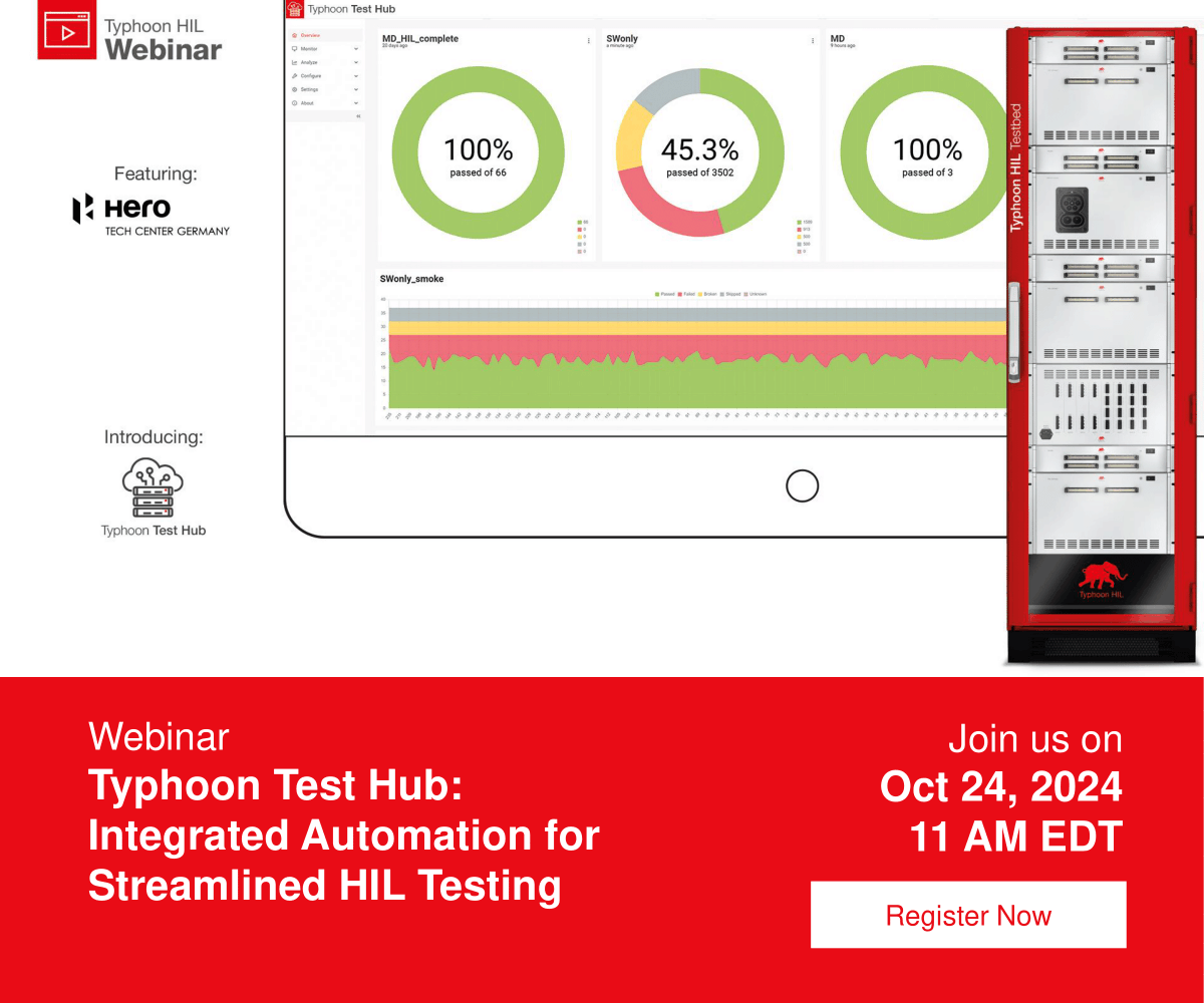 TyphoonHIL's tweet photo. Register today for our upcoming webinar to discover how Typhoon Test Hub is transforming automated testing for power electronics and control systems.

📅 Thr, Oct 24, 2024
⏰ 11:00 AM EDT
🔗 Register: https://t.co/wLcDdBdHKz

#HILTesting #TestAutomation #TestHub #PowerElectronics https://t.co/Hvvb0301DZ