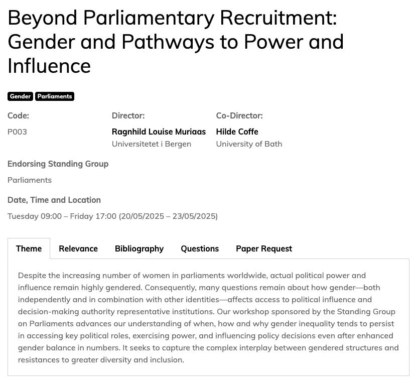 Are you interested in parliaments, political careers, and in opportunities for and resistances to greater diversity in pol. institutions?📑
Then there is a workshop for you at the ECPR Joint Sessions, sponsored by <a href="/SG_Parliaments/">SGParliaments</a> &amp; hosted by <a href="/RMuriaas/">Ragnhild L Muriaas</a> &amp; @CoffeHilde! 💫
info in🧵