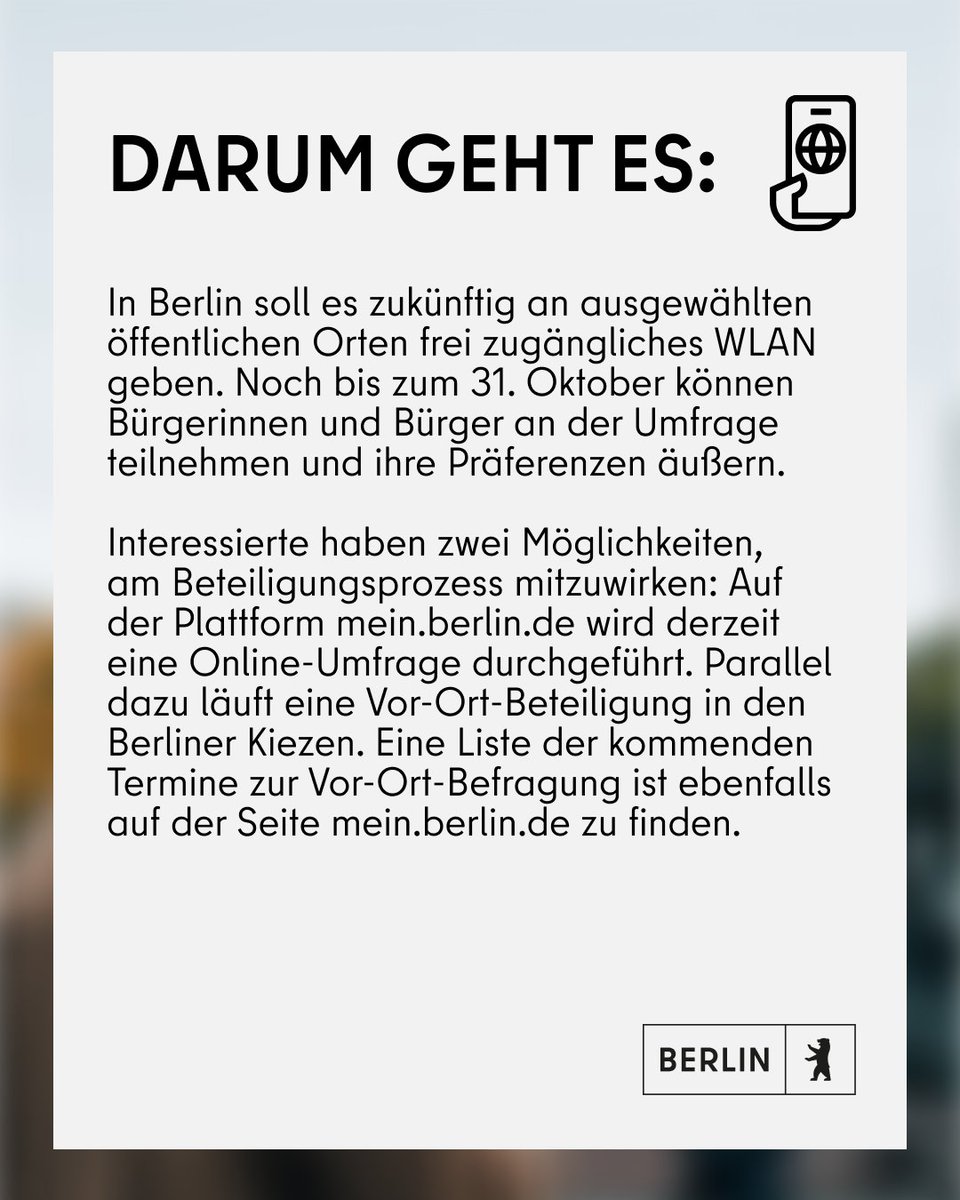 Berlin plant mehr frei zugängliches WLAN an öffentlichen Orten! Um herauszufinden, wo der Bedarf am größten ist, läuft aktuell eine Umfrage, bei der ihr mitmachen könnt. nexus-umfragen.de/298287?lang=de