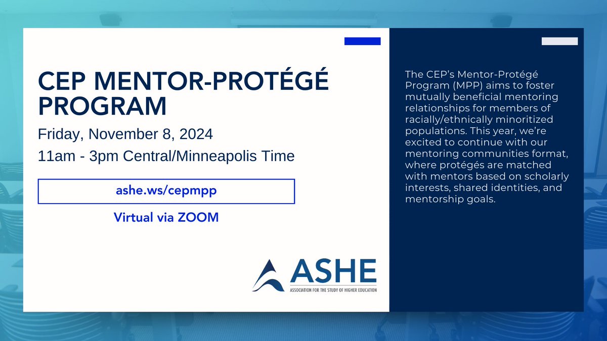 ASHE (@asheoffice) on Twitter photo 📢 Registration closes this Thursday (10/24) for the <a href="/ashe_cep/">Council for Ethnic Participation (CEP)</a> <a href="/CEP_MPP/">ASHE CEP_MPP</a> Mentor-Protégé Program (MPP) on Fri., Nov. 8. Engage in a supportive community with fellow scholars from racially/ethnically minoritized populations. Register by Noon Central on 10/24: ashe.ws/cepmpp 📢 Registration closes this Thursday (10/24) for the <a href="/ashe_cep/">Council for Ethnic Participation (CEP)</a> <a href="/CEP_MPP/">ASHE CEP_MPP</a> Mentor-Protégé Program (MPP) on Fri., Nov. 8. Engage in a supportive community with fellow scholars from racially/ethnically minoritized populations. Register by Noon Central on 10/24: ashe.ws/cepmpp