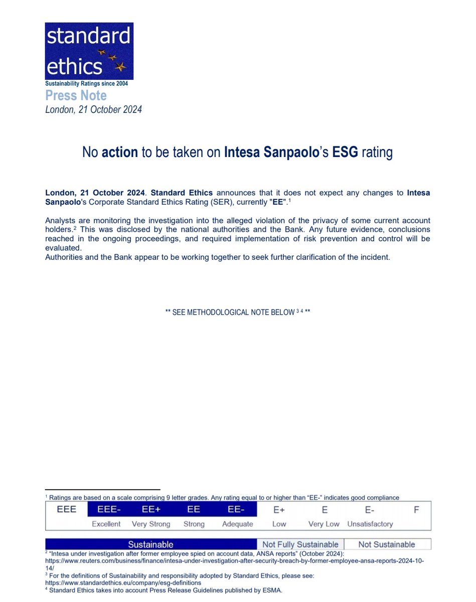 Standard Ethics (@standardethics) on Twitter photo Press Note re <a href="/intesasanpaolo/">Intesa Sanpaolo</a>. Please read below. #ESG #rating #compliance #banking #sustainablefinance <a href="/teleborsa/">Teleborsa</a> <a href="/ansa_economia/">Ansa Economia</a> Press Note re <a href="/intesasanpaolo/">Intesa Sanpaolo</a>. Please read below. #ESG #rating #compliance #banking #sustainablefinance <a href="/teleborsa/">Teleborsa</a> <a href="/ansa_economia/">Ansa Economia</a>