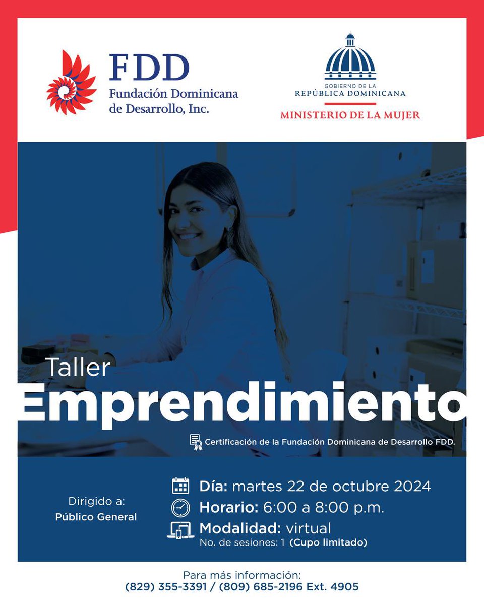 MMujerRD's tweet image. Inscríbete en el taller Emprendimiento.  Este taller es organizado por el @mmujerrd y la @fddesarrollo. 

📅 Martes 22 de octubre del 2024
🕑 6:00 p.m.a 8:00 p.m.
📍📲 Virtual
⬆️Inscripciones en el enlace: forms.gle/6VXddhQUmjFHhK…

🚨Cupos limitados. 

#MMujerRD
#FDD