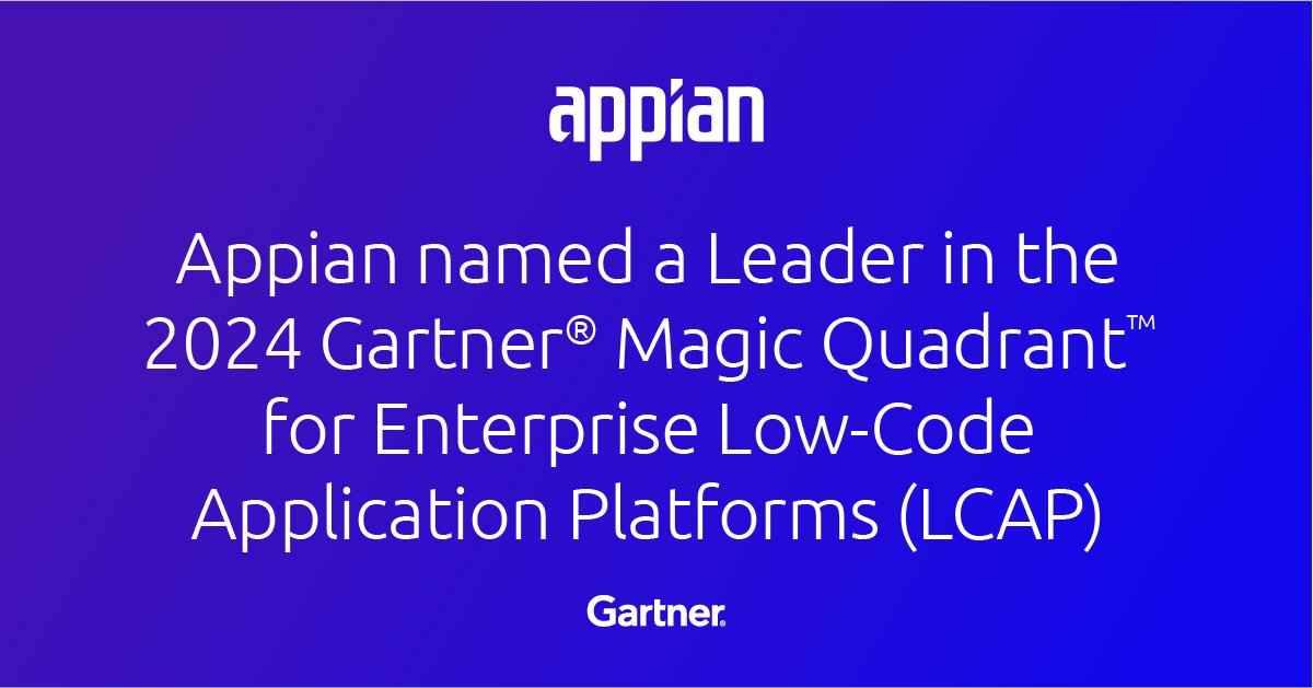 Low-Code Application Platforms (LCAP) transform how enterprises develop applications—with speed, scalability, and agility. Appian is proud to be recognized again as a Leader among LCAP providers.

Download the <a href="/Gartner_inc/">Gartner</a> report to find out why: ap.pn/3B8HXCY