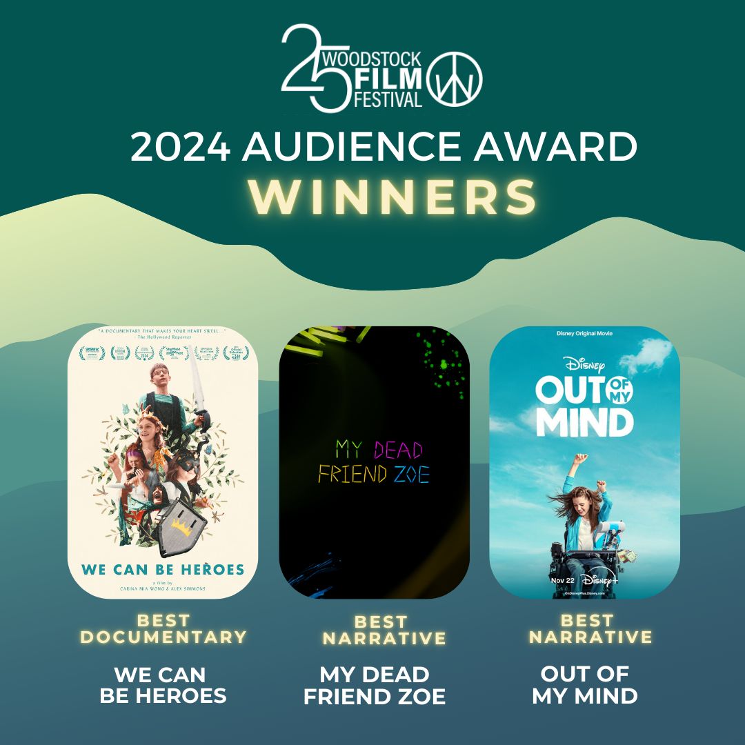 woodstockfilm's tweet photo. #WFF25 AUDIENCE AWARD WINNERS ANNOUNCED! 🏆
🏆 DOCUMENTARY: WE CAN BE HEROES directed by Carina Mia Wong, Alex Simmons
🏆 TIE for BEST NARRATIVE: OUT OF MY MIND, directed by Amber Sealey
MY DEAD FRIEND ZOE, directed by Kyle Hausmann
More Winners at https://t.co/U1B7WqOUPU https://t.co/tl173lFgPu