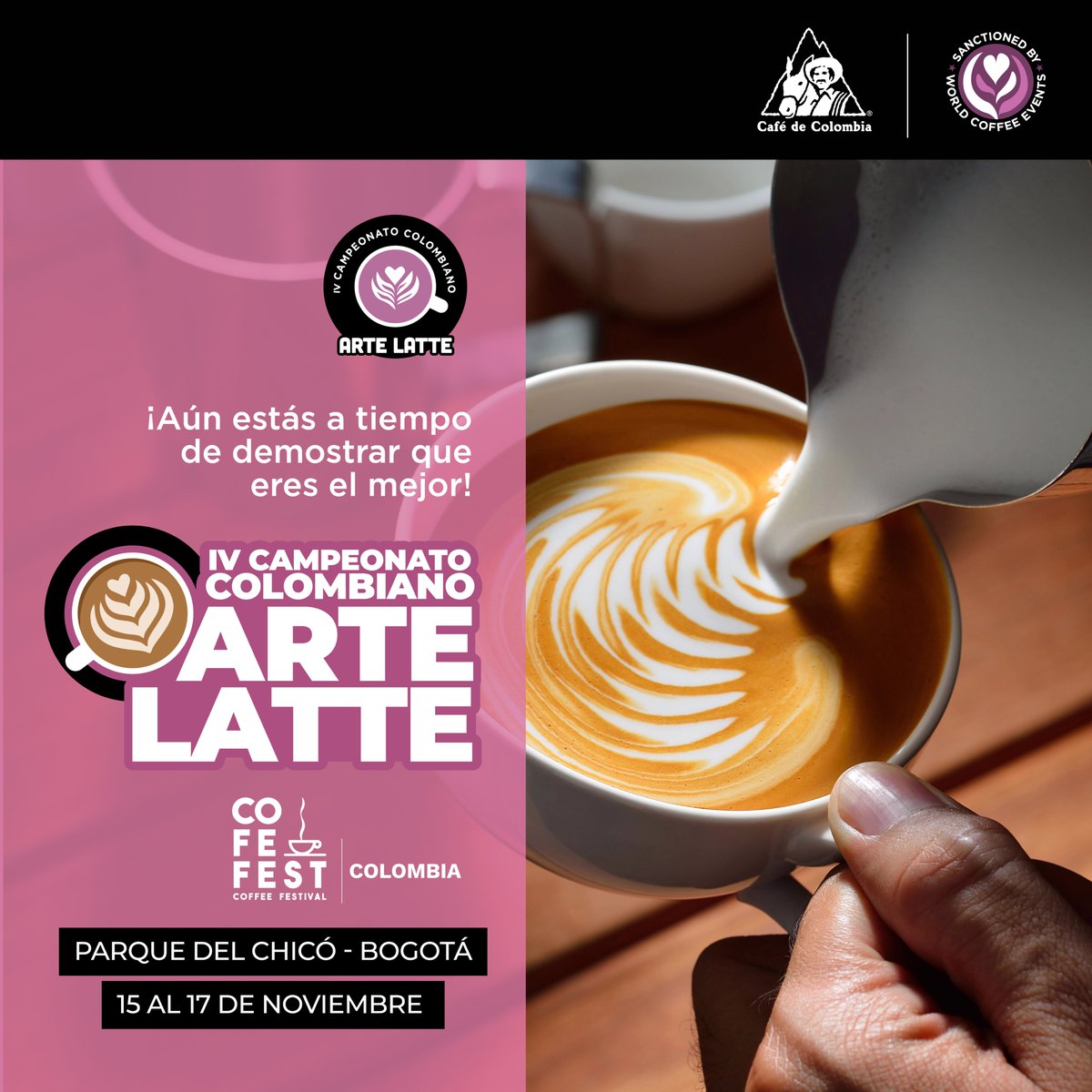 CafedeColombia's tweet photo. Las inscripciones están a punto de cerrar. Separa tu lugar en el último campeonato del año. ¡El café será tu lienzo, y el tiempo es tu único rival! Te esperamos del 15 al 17 de noviembre en el IV Campeonato de Arte Latte - Coffee Fest - Bogotá🌟✨

@FedeCafeteros @amorperfectocaf @AlqueriaOficial @cenicafe