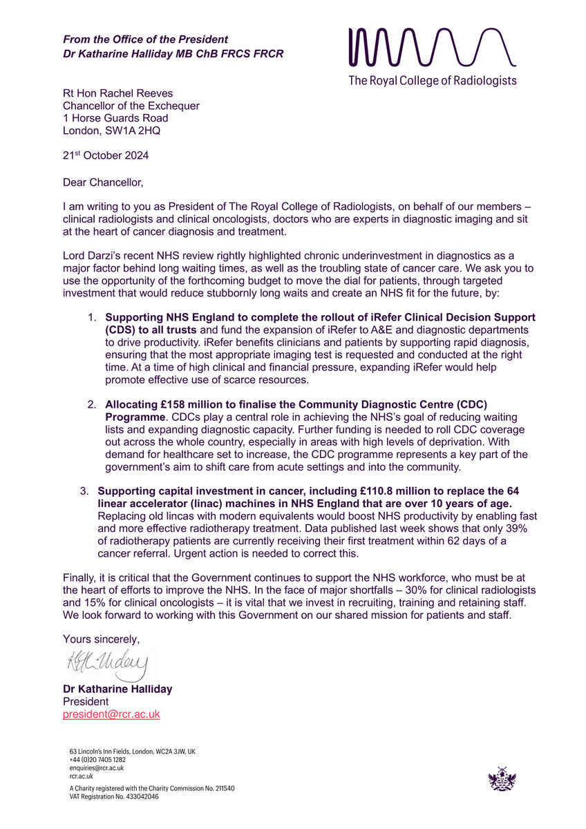 RCRadiologists's tweet photo. Our President @halliday_kath has written to @RachelReevesMP ahead of next week's budget ✍️ 

We call for targeted investment in diagnostics and cancer care, and remind the Chancellor about the importance of supporting the workforce given the shortfalls in our specialties. https://t.co/nv4rzr313E