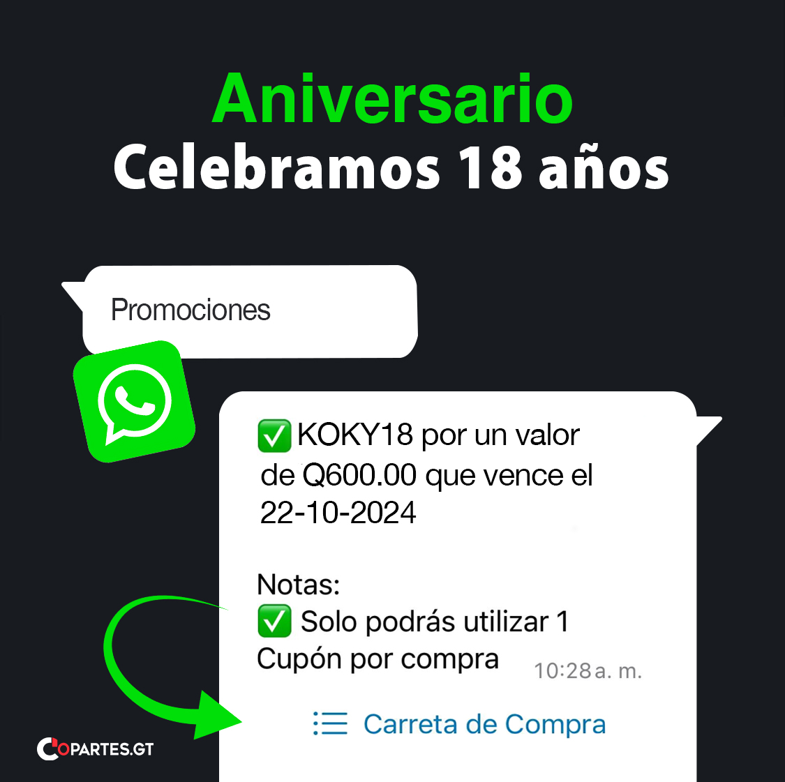 copartes_gt's tweet photo. Tenemos 18 CUPONES
Disponibles para celebrar 🥳 

- Cotiza
- Agrega a la 🛒
- Escribe Promociones
- Agrega el Cupón

Puedes pagar con #bitcoin o #litecoin https://t.co/VHcsI937YX