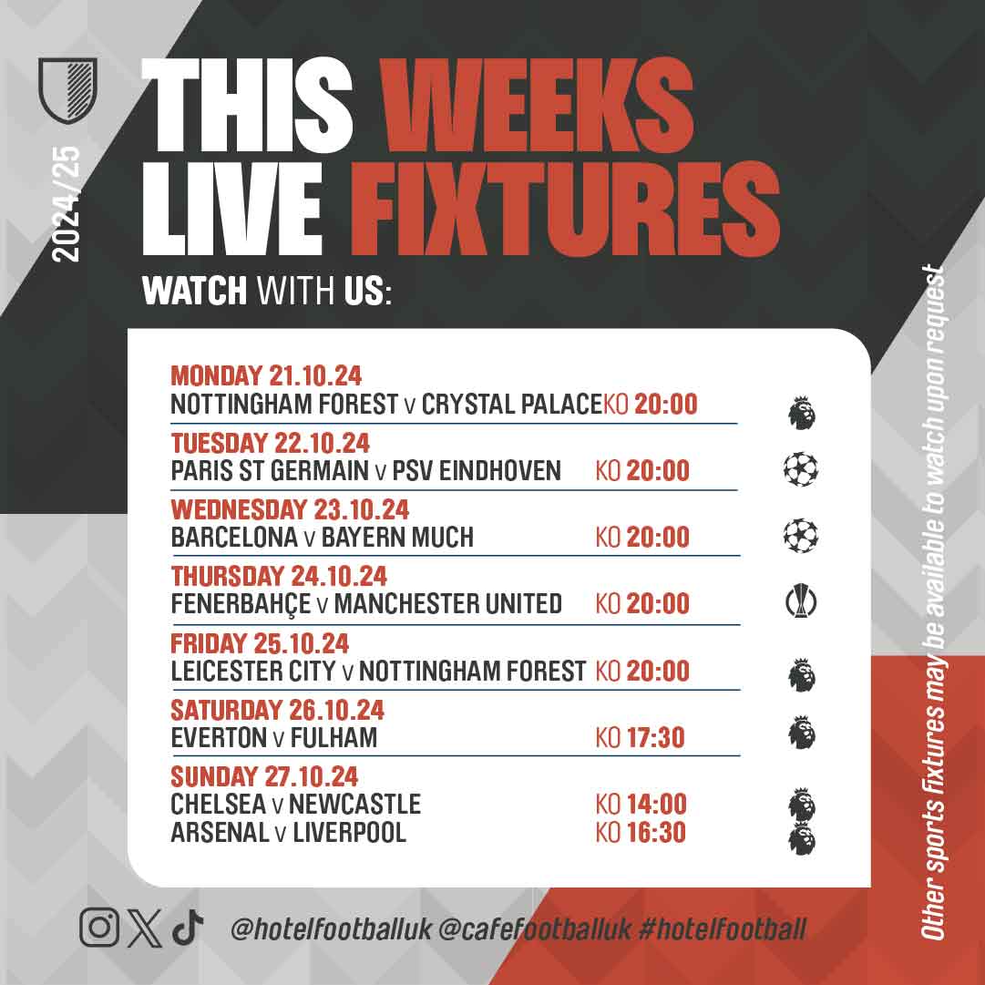 hotelfootballuk's tweet photo. This week @cafefootballuk 🫡

-
-

#cafefootball #football #fixtures #premierleague #championsleague #europa #leaguecup #livesport https://t.co/HKpblVzGGt