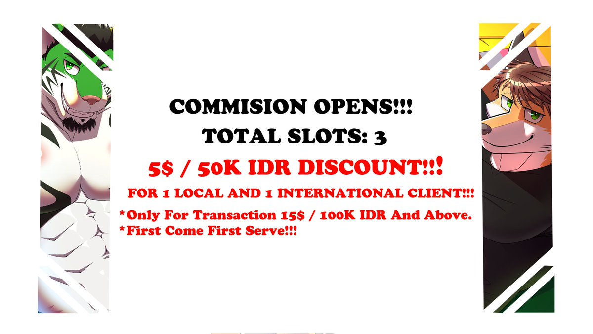 NaokiRyuuMichio's tweet photo. Hellow All! 

 I am opening Up Coms for Local and International Clients! Please Read the Details Down Below!

 Discount are available only for Transaction of 15$ / 100k Rupiah and Above!

 First Come First Serve!

 Contact me: https://t.co/l0D8i2Beyw

#Furry #FurryFandom #Art https://t.co/GchrVypGcB