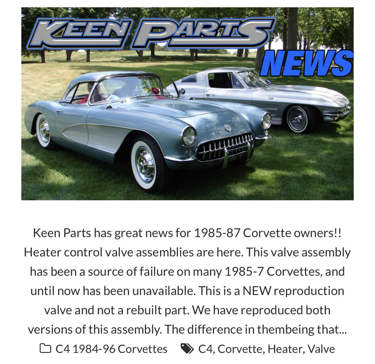 markwertz55's tweet photo. It’s getting cool outside #CorvetteOwners . #Racefans help spread the word to your family and friends that @KeenParts has #Heatercontrol valves for that #C4 . Fix it now before it’s to cold out and you don’t enjoy your ride 🇺🇸
https://t.co/PksikjozQN
1-844-TOM-KEEN
CALL 📞 US 😎 https://t.co/HdJqAc76No