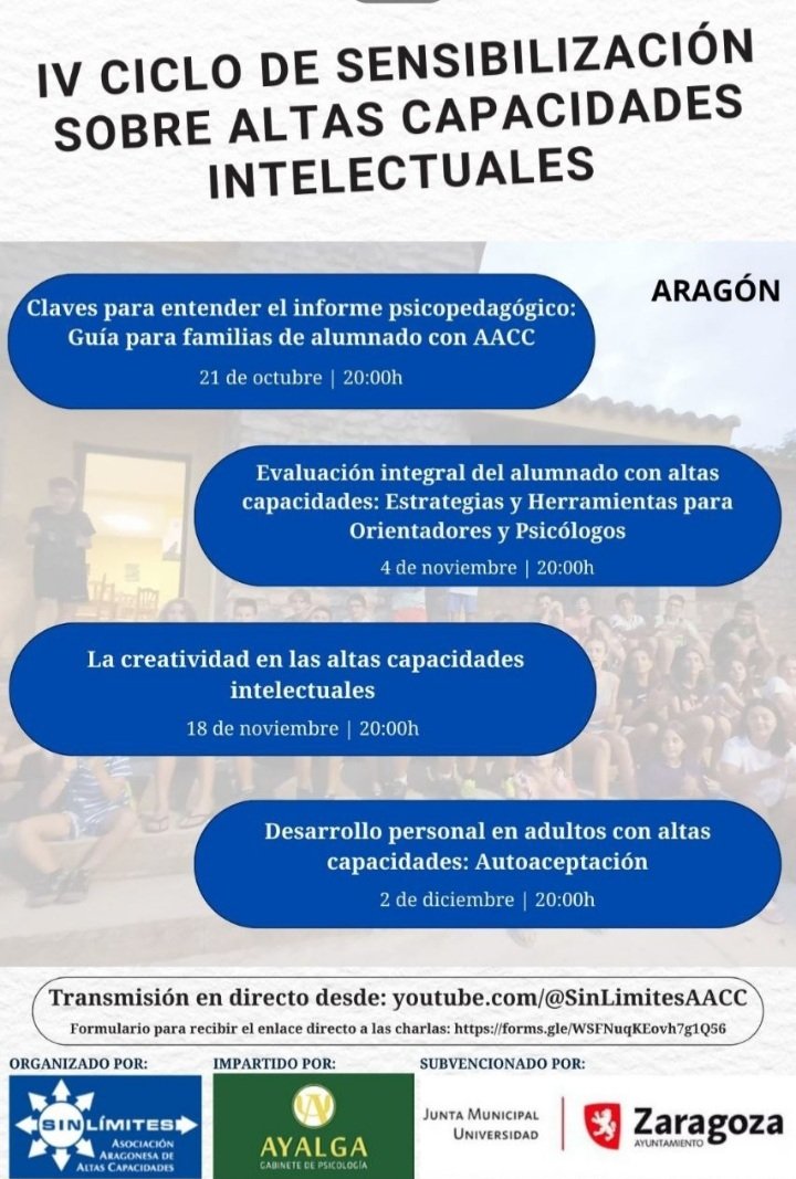 Empezamos esta tarde con el IV Ciclo de sensibilización sobre #ACI 
Gracias a <a href="/SinLimitesAACC/">Sin Límites, Asociación Aragonesa de AA.CC.</a> por organizarlo, a <a href="/zaragoza_es/">AyuntamientoZaragoza</a> por financiarlo, a <a href="/CentroAyalga/">Centro Ayalga</a> por su enorme generosidad y a quienes estáis difundiendo. En pro de la detección, evaluación e intervención. <a href="/GobAragon/">Gobierno de Aragón</a>
