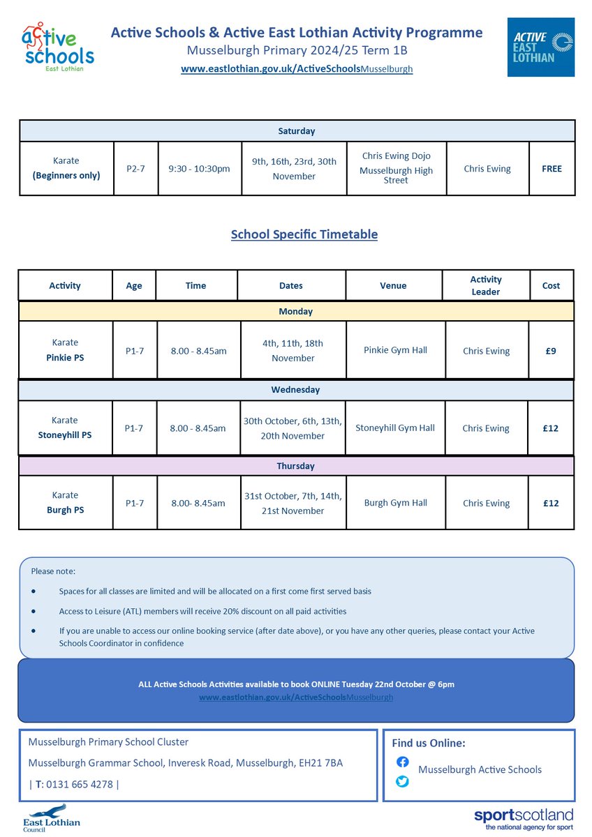 Term 1B goes live at 6pm Tuesday 22nd October @ 6pm eastlothian.gov.uk/ActiveSchoolsM…