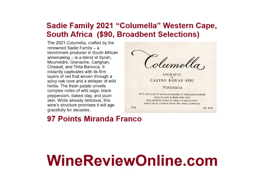 WineReviewOnline.com #Wine Review:
<a href="/SadieFamilyWine/">Sadie Family Wines</a> 2021 “Columella” Western Cape, South Africa  ($90, <a href="/BroadbentWines/">Broadbent Selections</a>)
<a href="/Miranda__Franco/">Miranda Franco</a> 97 Points
"While already delicious, this wine’s structure promises it will age gracefully for decades."
