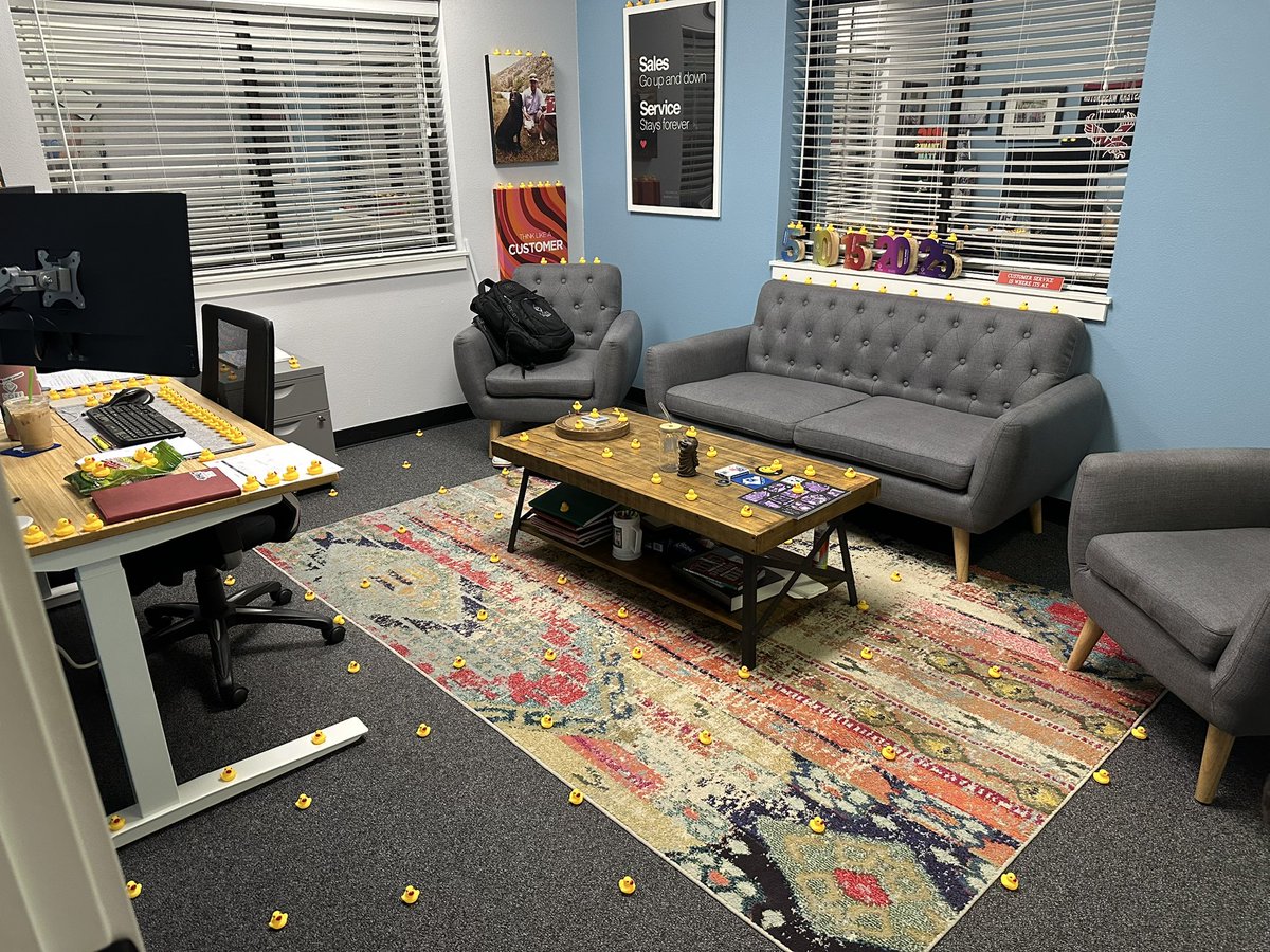 Apparently when you’re on the road during Boss’s Day you come back to 100 or so rubber ducks that you get to step on and clean up!