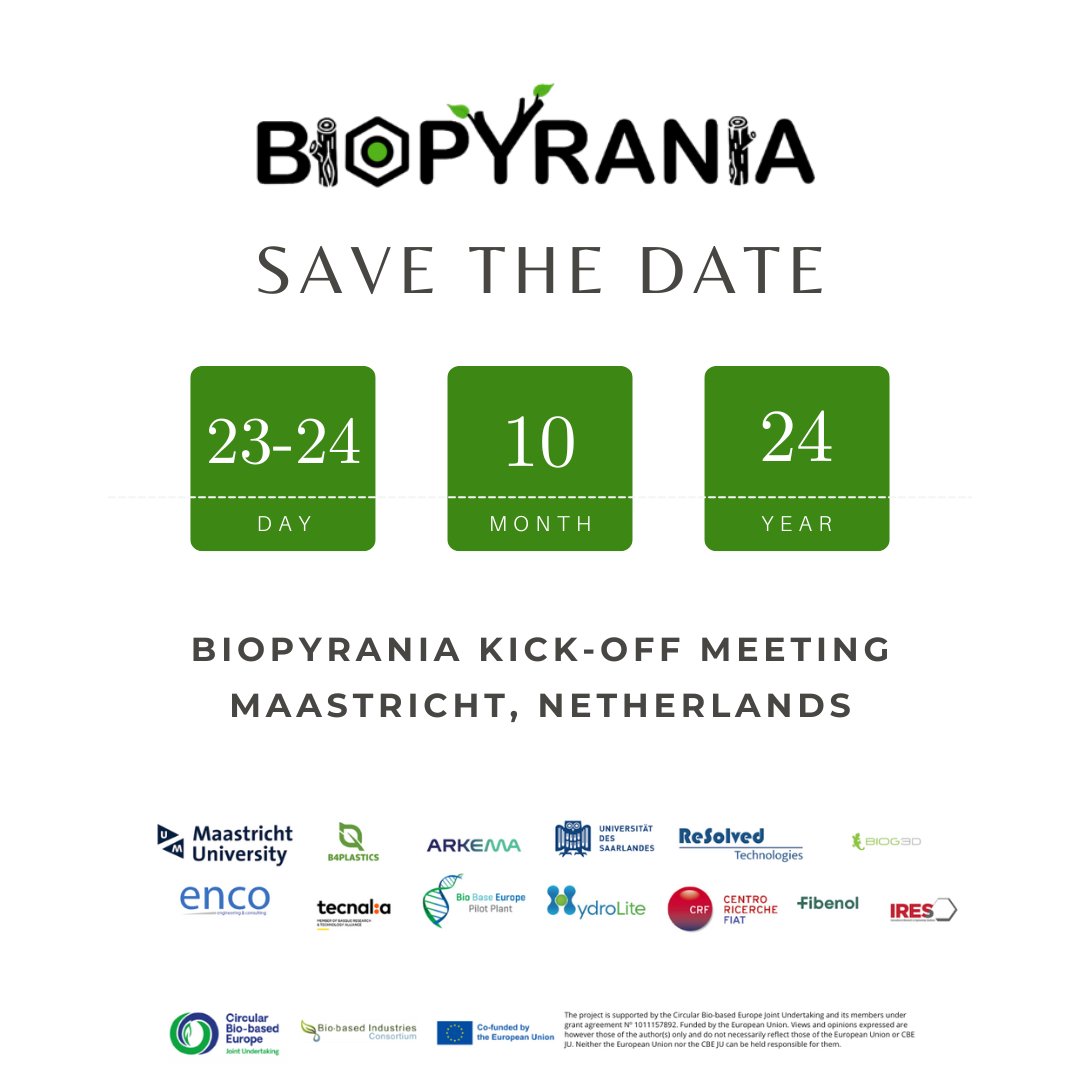 ⚡️ Exciting News! ⚡️ The Kick-Off #Meeting of the <a href="/BiopyraniaEU/">BIOPYRANIA EU Project</a> is coming soon! 🎉

SAVE THE DATE!
📅 23-24 October 2024
📍 Maastricht, Netherlands

🤳 Stay tuned for exciting #news! 🚀
#BIOPYRANIAEUProject #Sustainability