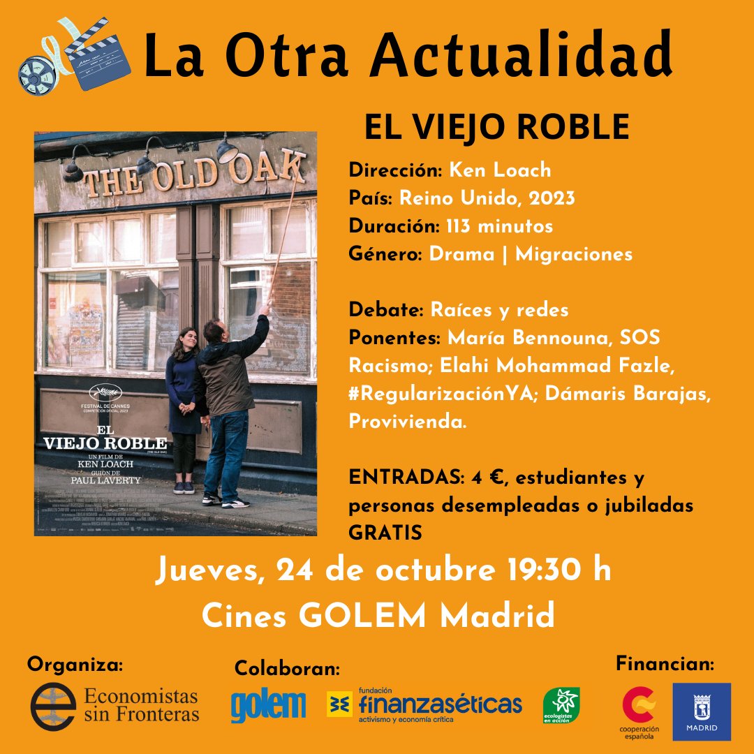 📅24 de octubre
🎬El viejo roble

Arrancamos esta edición de #LaOtraActualidad con la última película de Ken Loach y el debate "Raíces y redes", en el que nos acompañarán  <a href="/sosracismomad/">SOS Racismo Madrid</a> ,<a href="/RegularizacionY/">✳️ RegularizacionYa Cuenta Oficial</a> y <a href="/provivienda_org/">Provivienda</a> para hablarnos sobre discursos de odio y migraciones