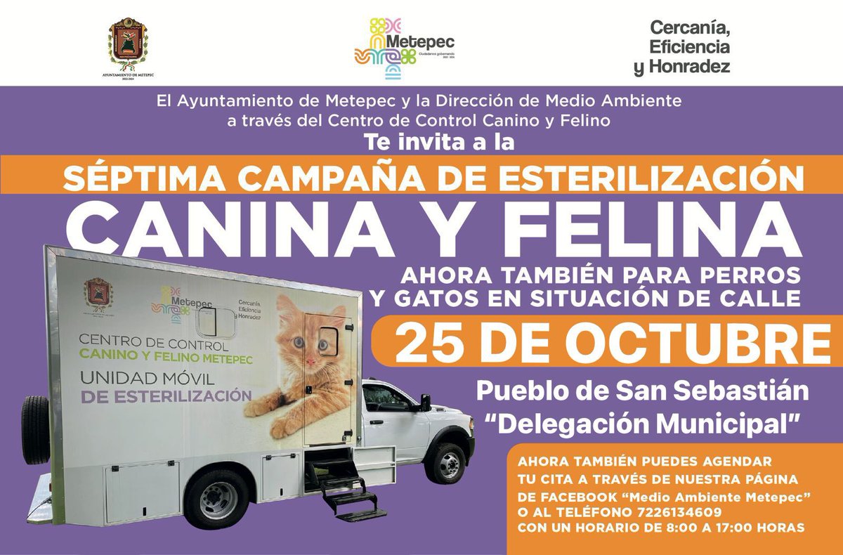 MetepecAmbiente's tweet photo. Acude a la “Séptima campaña móvil de esterilización canina y felina”, ahora también para perros y gatos en situación de calle. Agenda tu cita y fomenta la tenencia responsable de mascotas.
#CiudadanosGobernando
#MetepetFriendly https://t.co/wAbx4itR13