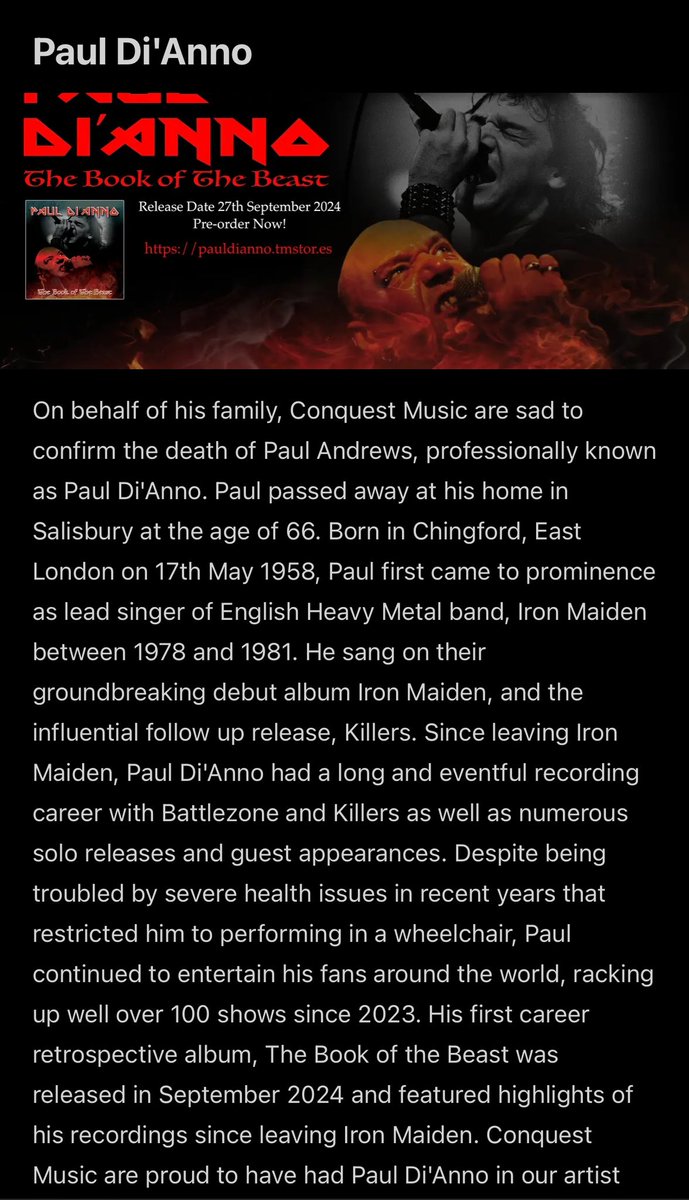 DaniAlvarezEiTB's tweet photo. Muere a los 66 años Paul Di’Anno, primer vocalista de Iron Maiden, y parte fundamental de uno de los discos legendarios de la banda, “Killers” https://t.co/CVbXRnbF56