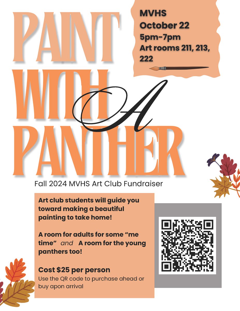Check out "Paint with a Panther" tomorrow evening at 5 p.m. when our high school art students guide everyone in creating a work of art! ✨ 🎨 You can scan the QR code to purchase tickets are buy upon arrival. Enjoy a night out with some creative fun! 👨‍🎨 👩‍🎨