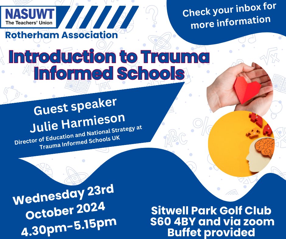 A great opportunity for <a href="/NASUWT/">NASUWT</a> members to hear from Julie Harmieson, Director of Education and National Strategy at Trauma Informed Schools UK. 

Wednesday 23rd October 4.30pm

Check your inbox for email containing more details &amp; zoom link.

Look forward to seeing you there