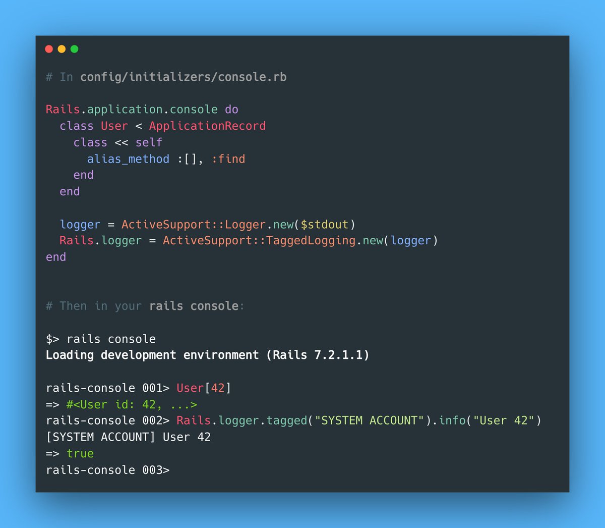 RubyCademy's tweet image. Extend the capabilities of your `rails console` with `Rails.application.console` 🤩
#rubyonrails #railsconsole