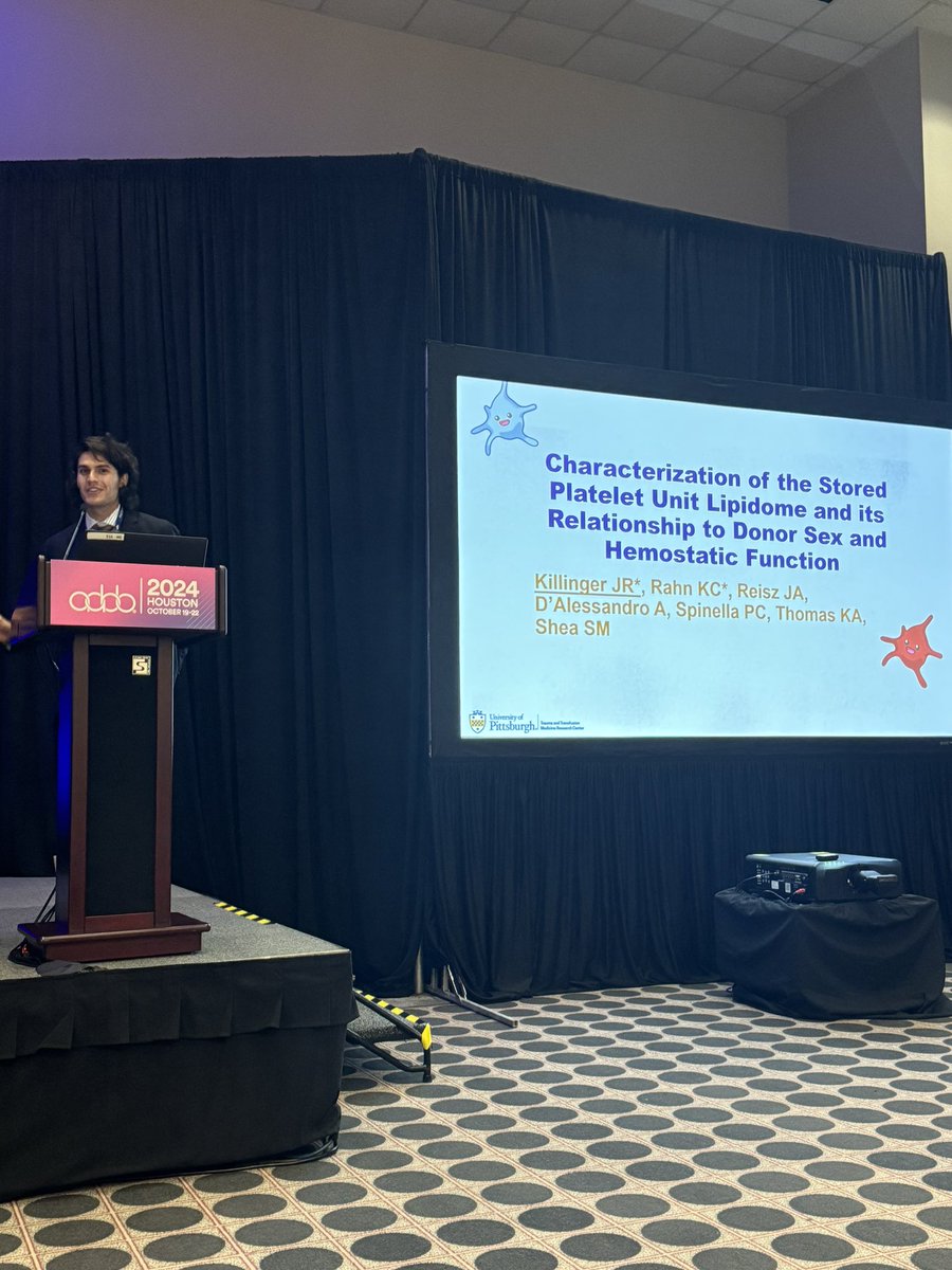 VERY proud of my first year <a href="/PittBioE/">Pitt Bioengineering</a> grad student <a href="/jrkillinger99/">Jack Killinger</a> for giving a great talk about our recent findings regarding the circulating #lipidome in stored #platelets at #AABB24 ! <a href="/PittTTMRC/">Pitt Trauma & Transfusion Medicine Research Center</a> <a href="/PittSurgery/">Pitt Surgery</a>
