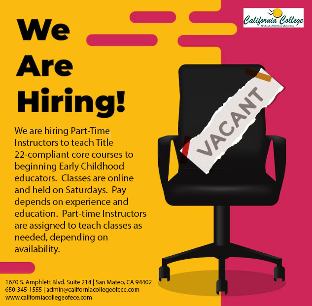 CalEarlyEdu's tweet image. Hiring Part-Time Instructors! Teach Title 22 ECE courses online on Saturdays. 10+ years of experience required. Apply with resume: admin@californiacollegeofece.com

#Hiring #PartTimeInstructor #EarlyChildhoodEducation #ECE #JobOpportunity #EducationJobs #TeachOnline #Mentorship