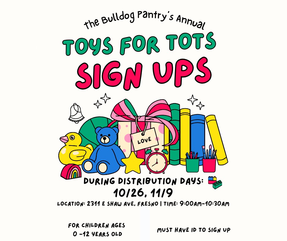 We are open this Saturday, the 26th from 9am - 10:30am. Anyone in need is welcome. We are also taking sign ups for Toys for Tots. This is for children ages 0-12 years old. The responsible adult will need an ID to sign up the children.