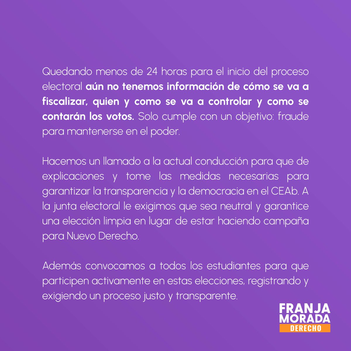 🚫 NO AL FRAUDE, SI A UNAS ELECCIONES TRANSPARENTES 
Hacemos un llamado a Nuevo Derecho.

Convocamos a todos los estudiantes para que participen activamente en estas elecciones, registrando 🤳🏼 y exigiendo un proceso justo y transparente.

BASTA DE ATROPELLOS. ✋🏼