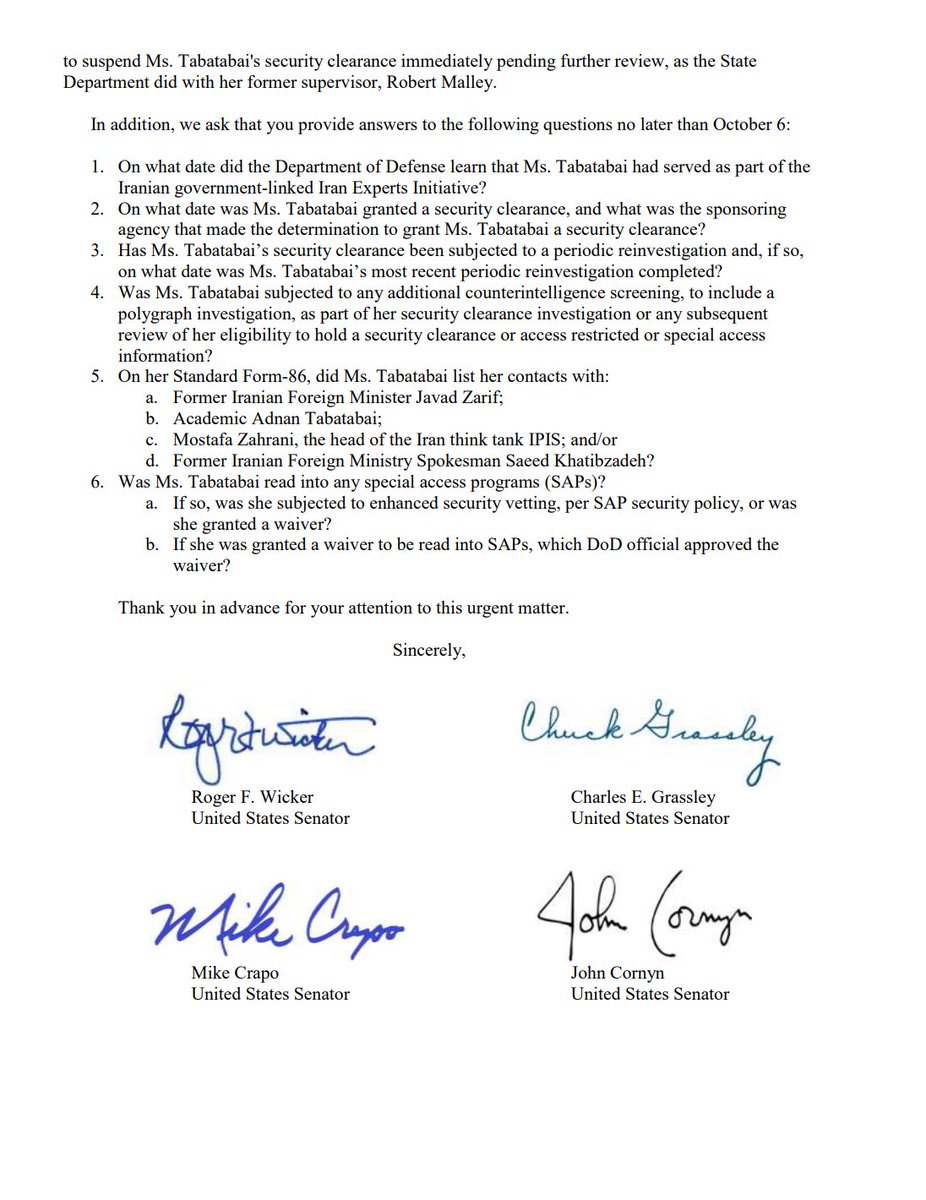 SenatorWicker's tweet photo. Last year, I called for suspending Ariane Tabatabai’s security clearance for her role in an Iranian info op. Amazingly, she’s still in her job.

The latest apparent leak to an Iranian Telegram channel reflects the Biden-Harris administration's tolerance of insider threats. https://t.co/Ma6Z6ZAy6W