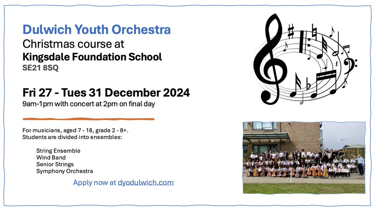 📣Calling all young musicians in #SouthLondon - our Christmas course will take place <a href="/KingsdaleFS/">Kingsdale Foundation School</a>  from Fri 27 to Tues 31 December
Come and join the fun!
Full details 👉 dyodulwich.com